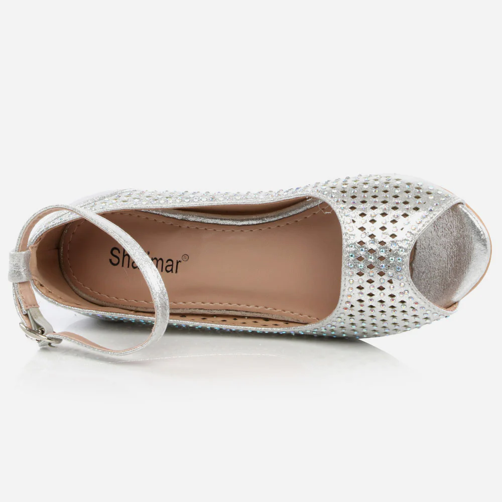 Girls Kids Crystals Detailing Peep Toe Evening Mid Heel Wedding Party Princess Birthday Crystal Sandal Shoe All Sizes Available - Image 4
