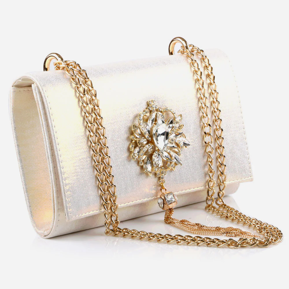 Ladies Diamante Broach Evening Clutch Bag Wedding Handbag Prom Purse Shimmery Hard Case Party Bags Birthday Gifts for Her