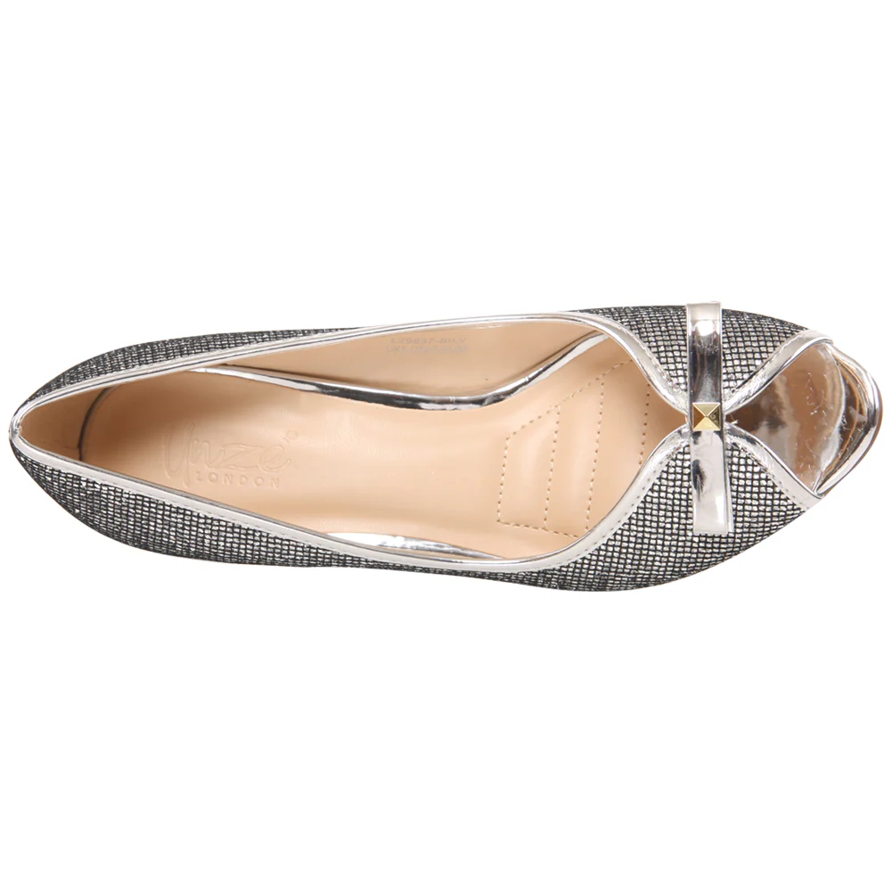 Women “AMBRA” Bow Accented Glitter Surface Peep Toe Slip On Kitten Heel Shoes - Image 4