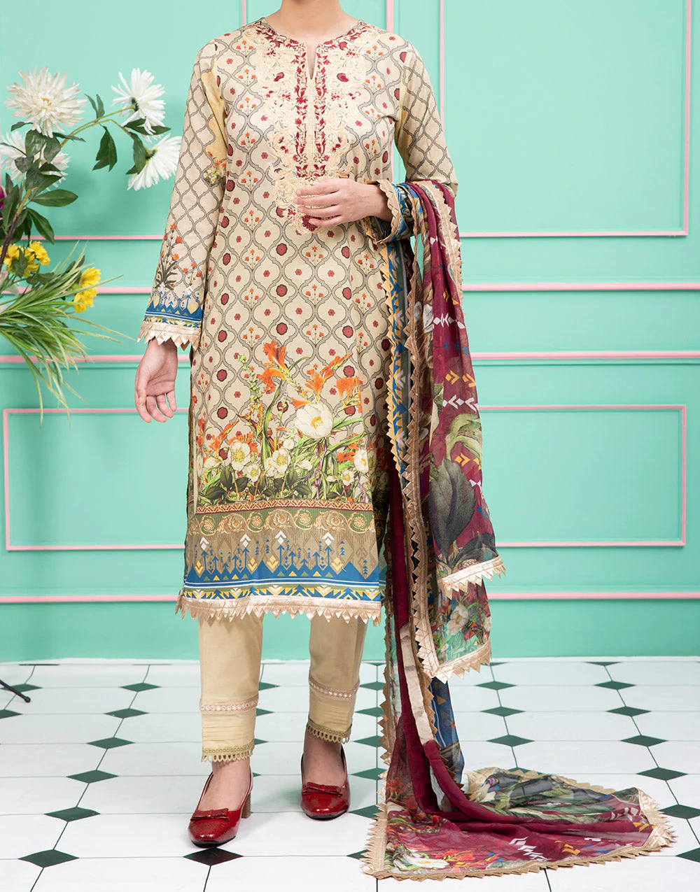 Women "Bloom" 3 Piece Unstitched Embroidery Lawn Suit with Chiffon Dupatta