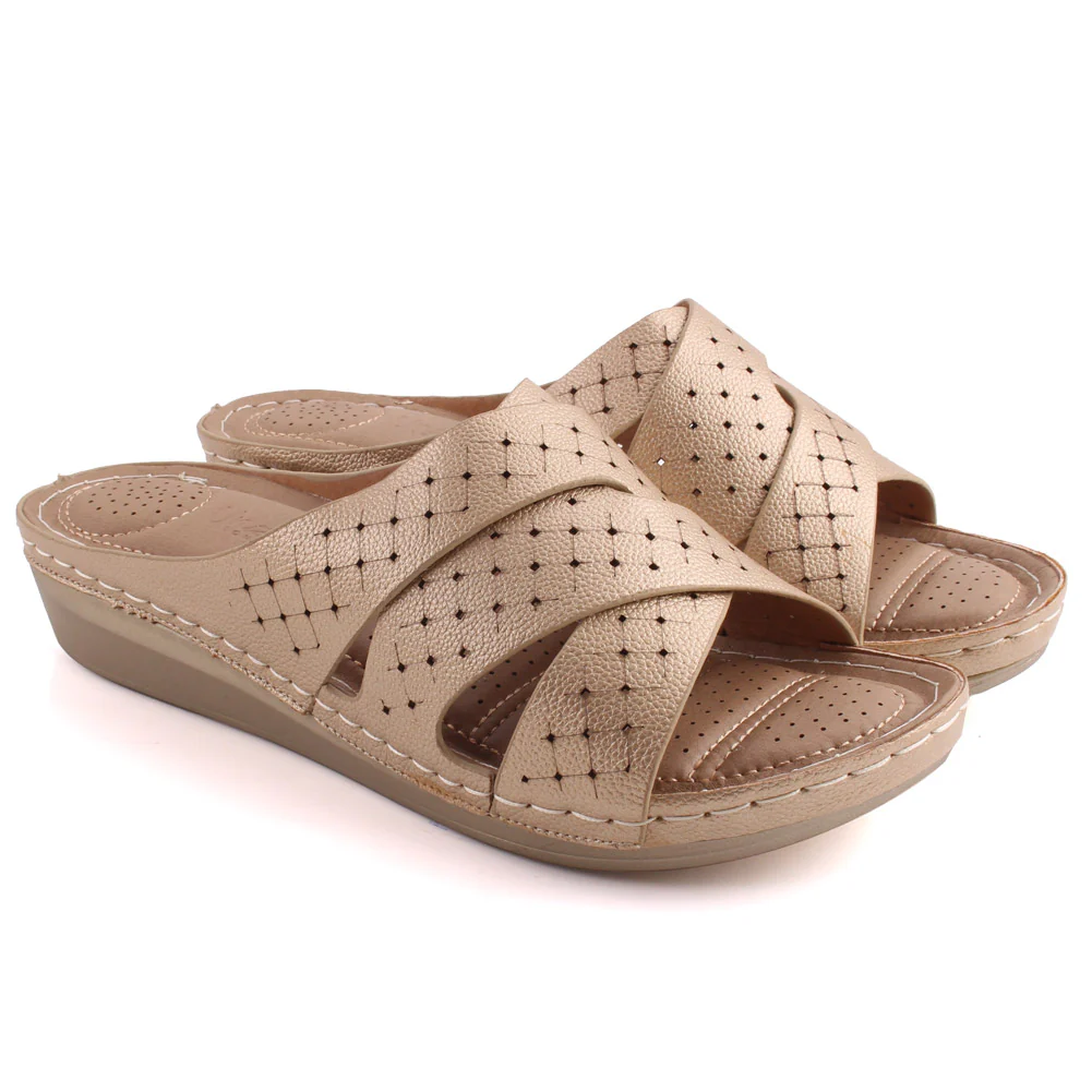Women “DARLENE” Criss-Cross Strap Perforated Comfort Wedge Slippers - Image 2