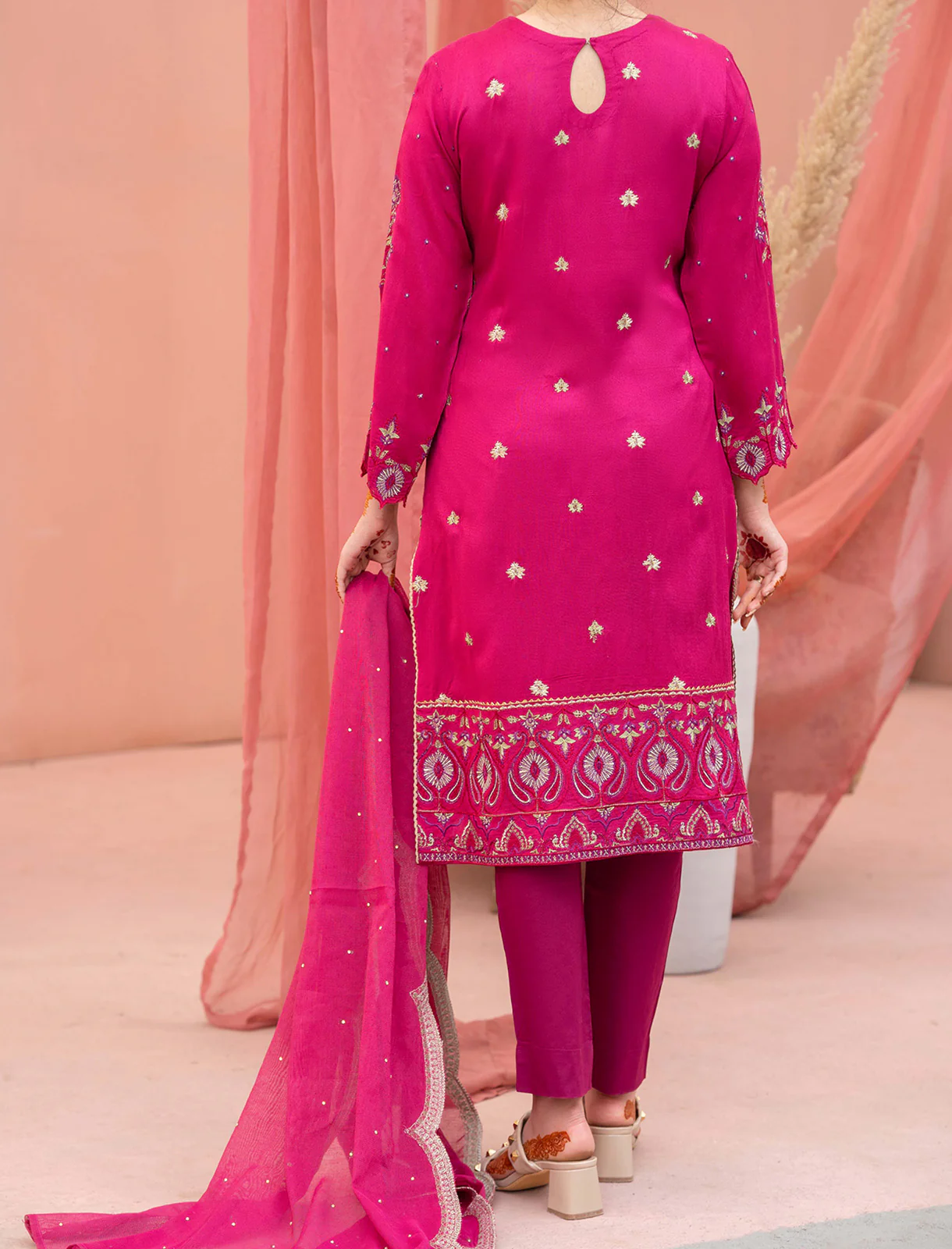 Women "FILIZ" Embroidered Cotton Net Three Piece Suit - Image 4