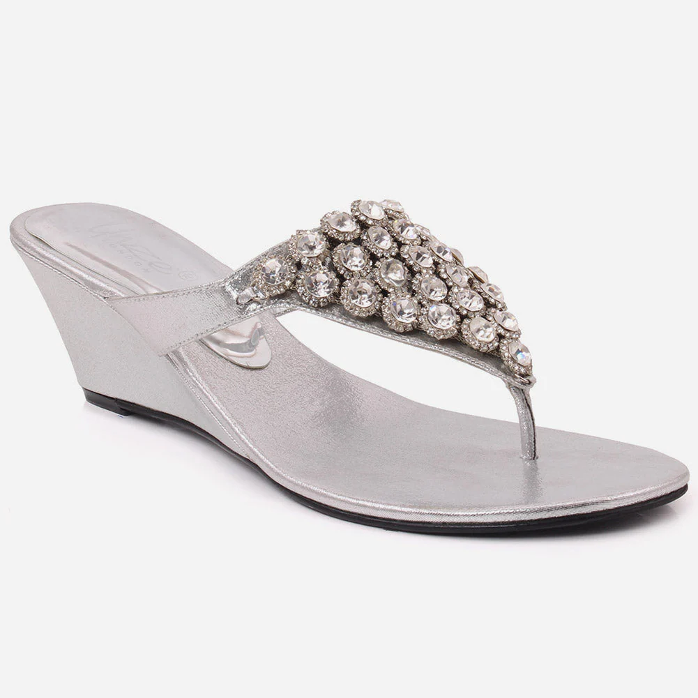 Women āFRANCINEā Thong Slip On Embellished Wedge Evening Slippers