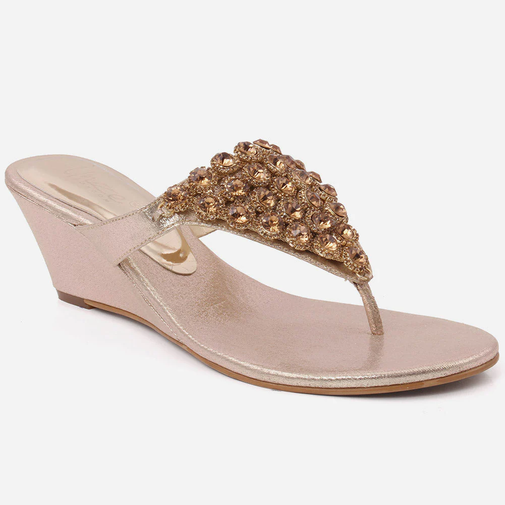 Women “FRANCINE” Thong Slip On Embellished Wedge Evening Slippers