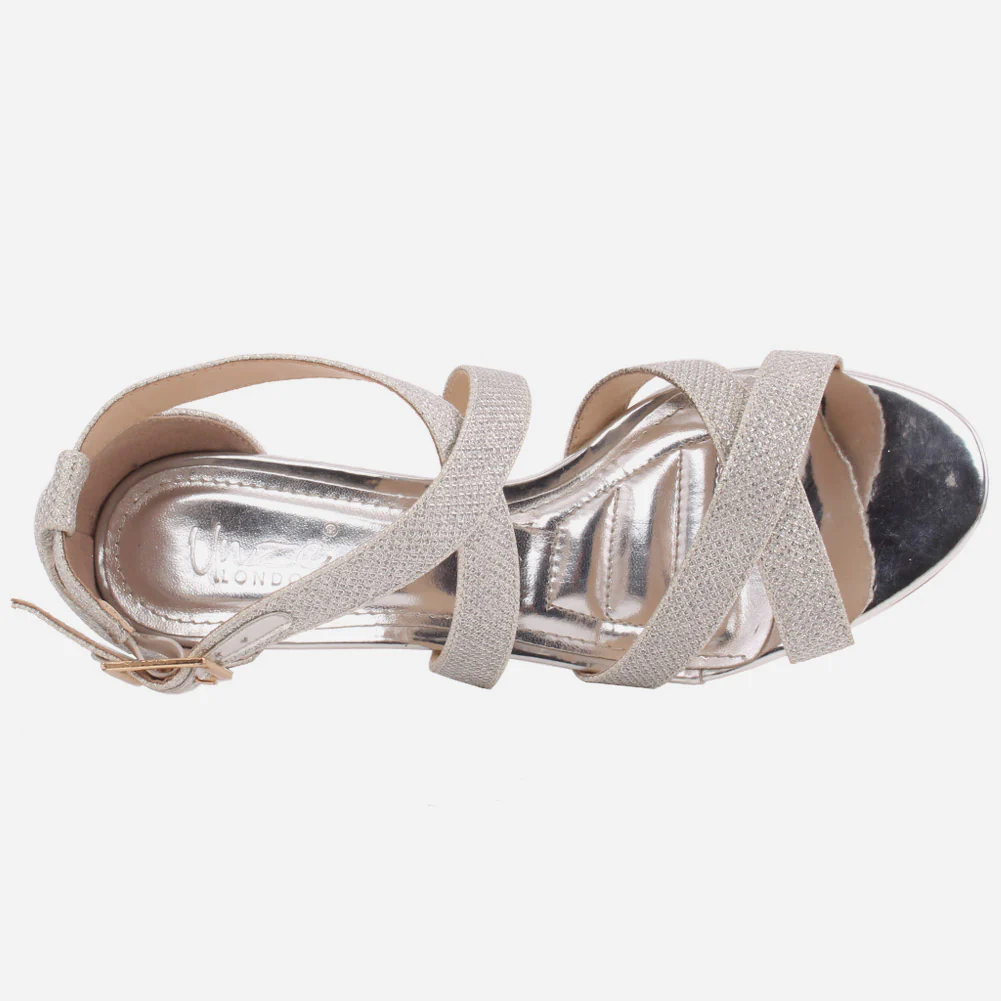 Women “GALILA” Cross Over Strap Peep Toe Shimmer Kitten Heel Sandals - Image 4