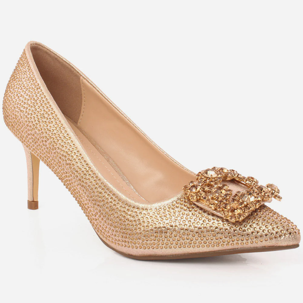 Women "Garbie" Sparkling Stone Brooch Slip On Court Shoes