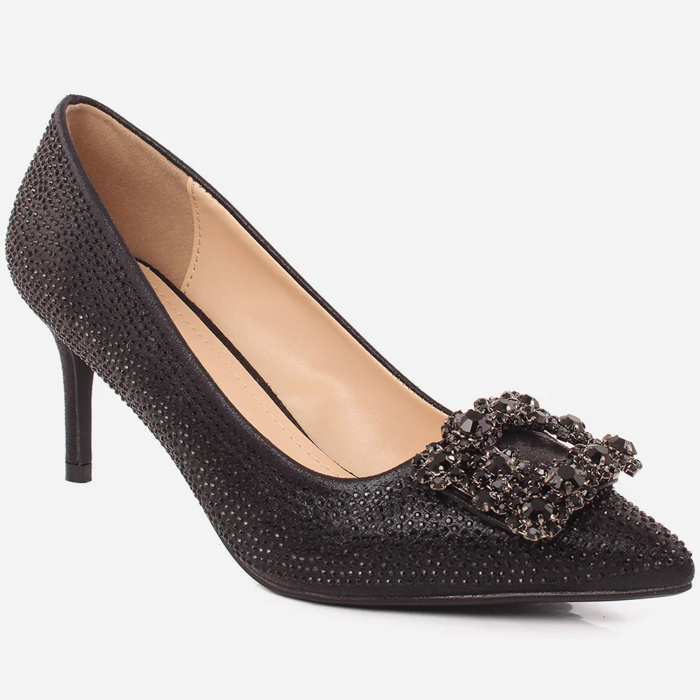 Women "Garbie" Sparkling Stone Brooch Slip On Court Shoes