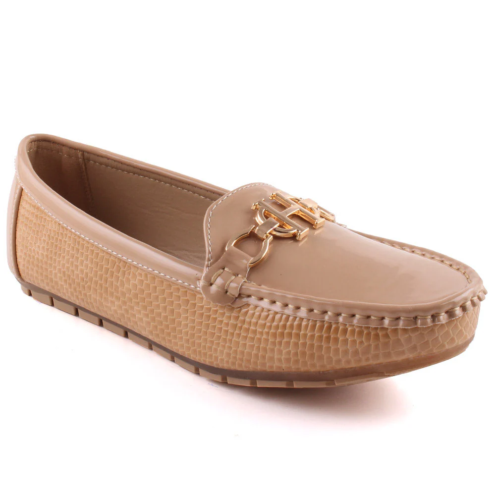 Women “ILESHA” Snake Texture Patent Vamp Metallic Buckle Moccasin Shoes