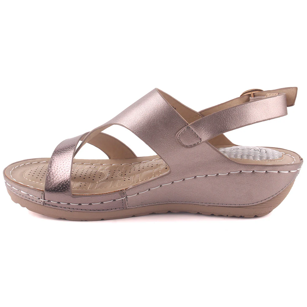 Women "ITZEL" Toe Loop Open Toe Metallic Buckle Glossy Comfort Wedge Sandals - Image 3
