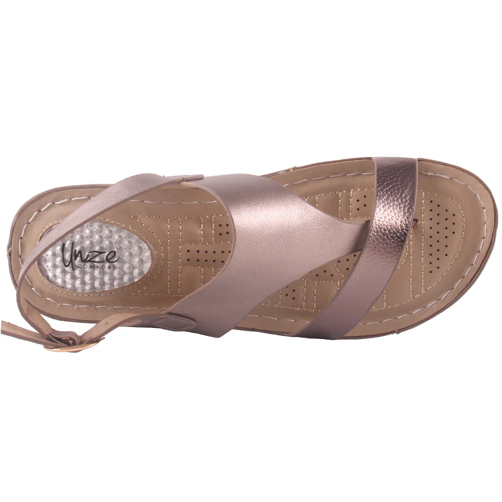 Women "ITZEL" Toe Loop Open Toe Metallic Buckle Glossy Comfort Wedge Sandals - Image 4