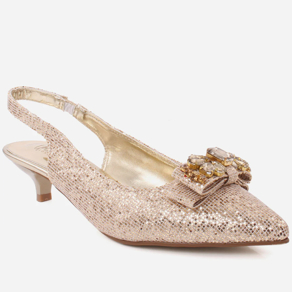 Women “JAY" Pointy Toe Shimmer Bow Slingback Kitten Heel Sandals