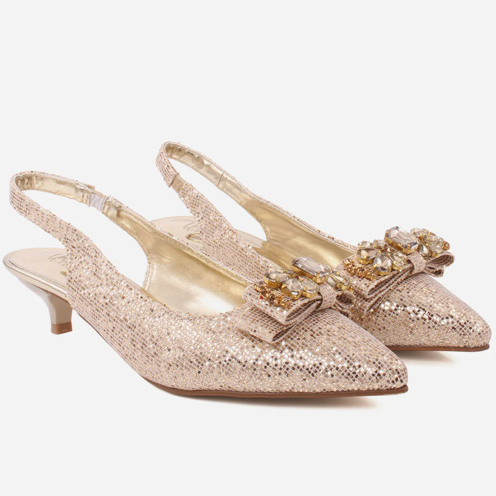 Women “JAY" Pointy Toe Shimmer Bow Slingback Kitten Heel Sandals - Image 2