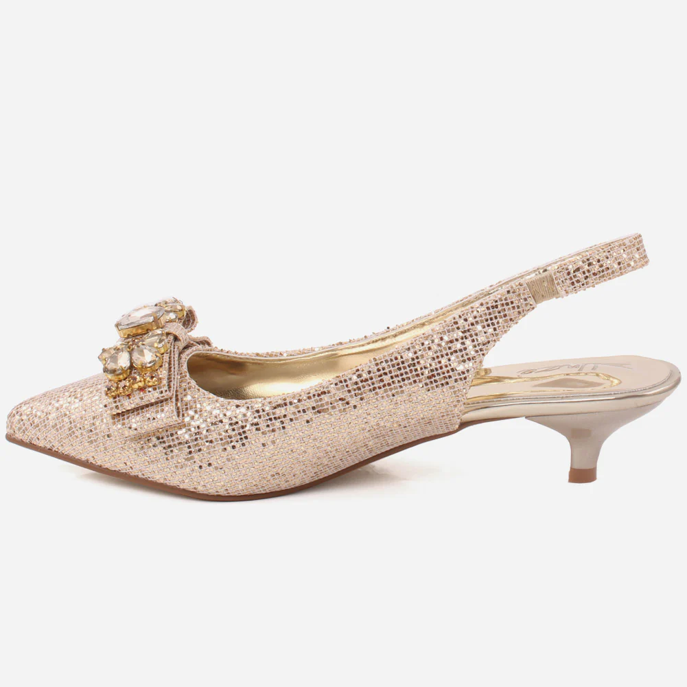 Women “JAY" Pointy Toe Shimmer Bow Slingback Kitten Heel Sandals - Image 3