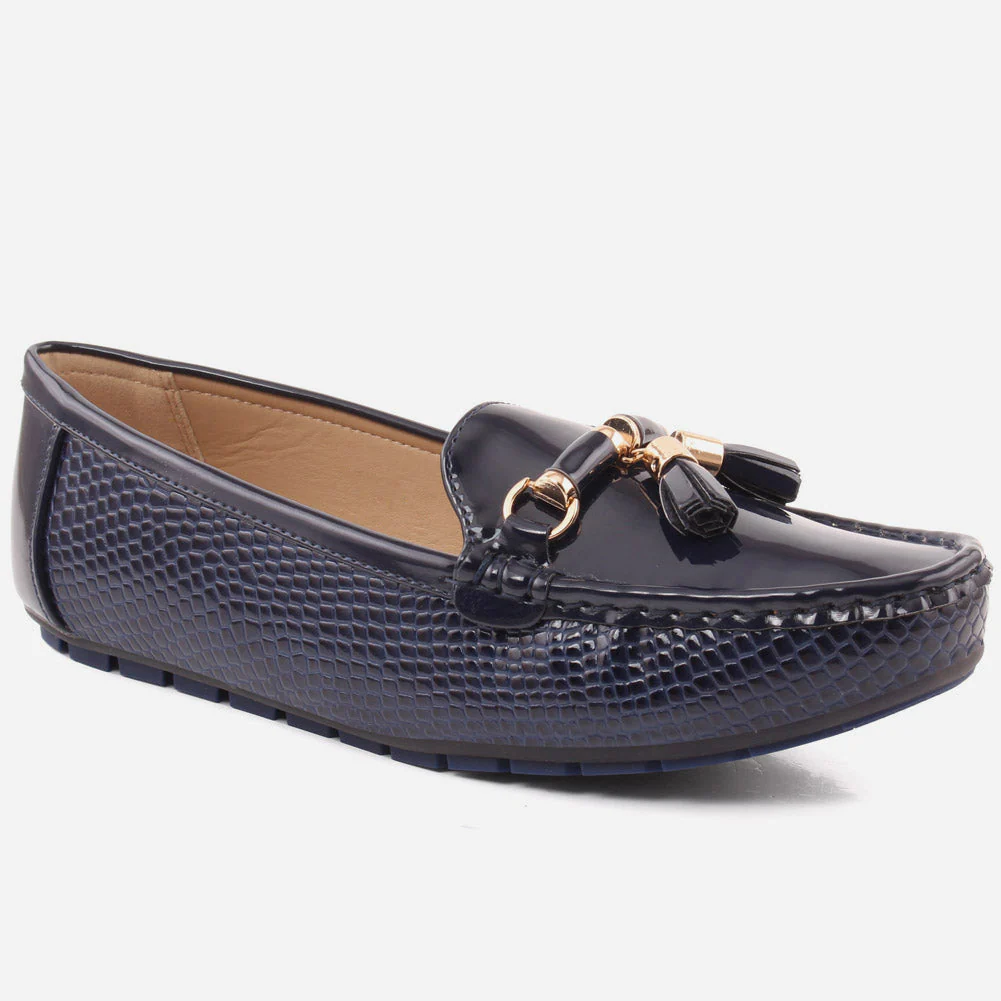 Women “LIVIANA” Tassel Detailed Patent Vamp Snake Textured Dress Moccasin Shoes