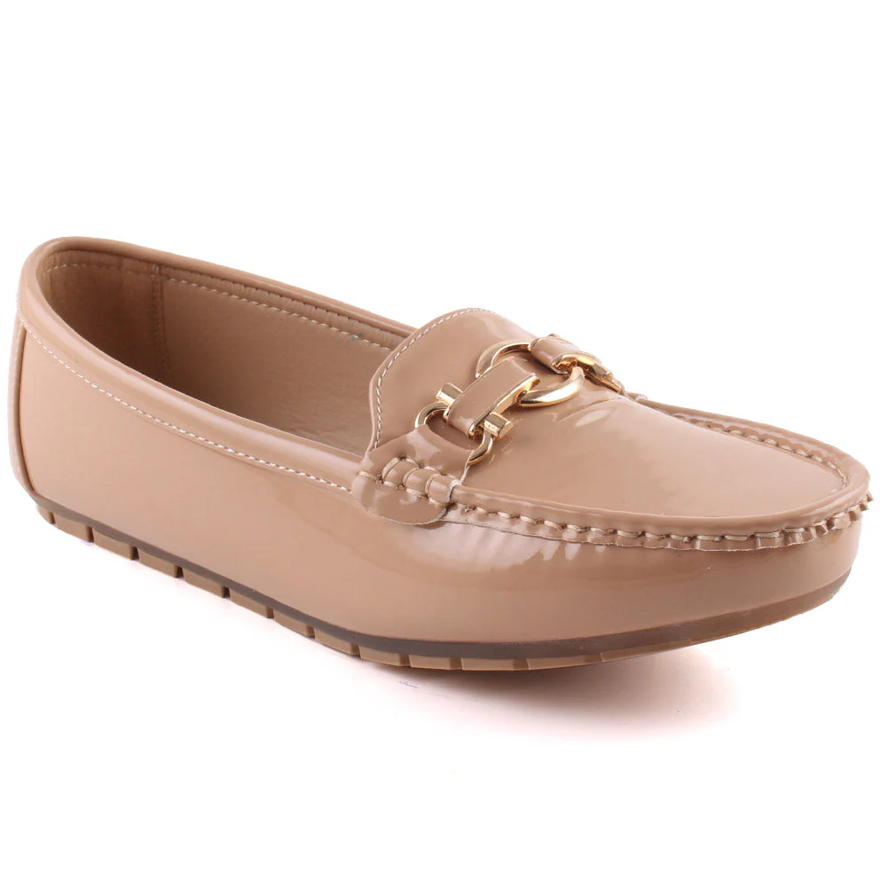 Women āMARLEEā Patent Stylish Chain Buckle Stitched Detail Moccasin Shoes