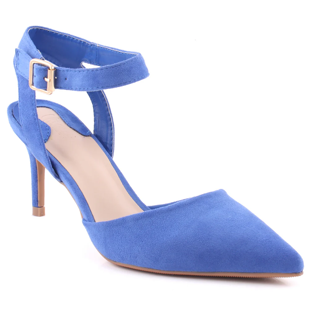Women "NONA" Pointed Toe Ankle Strap Suede Slip On Heel Sandals