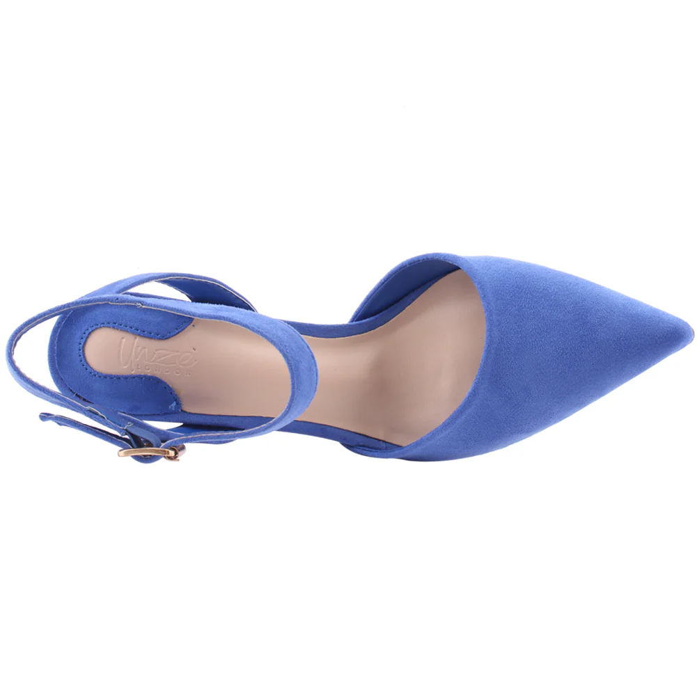 Women "NONA" Pointed Toe Ankle Strap Suede Slip On Heel Sandals - Image 4