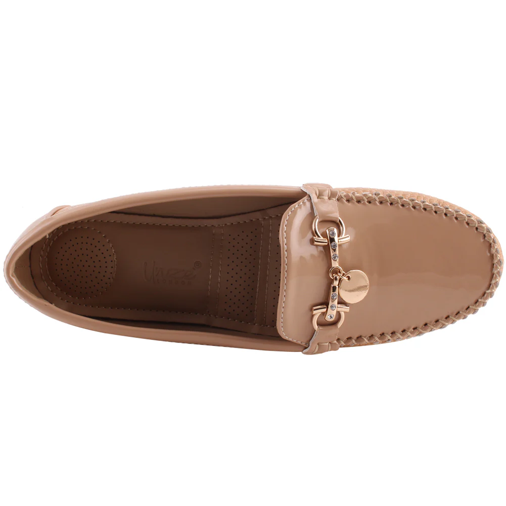 Women “QUIRINA” Coin Buckle Adorned Patent Vamp Textured Slip On Moccasin Shoes - Image 4