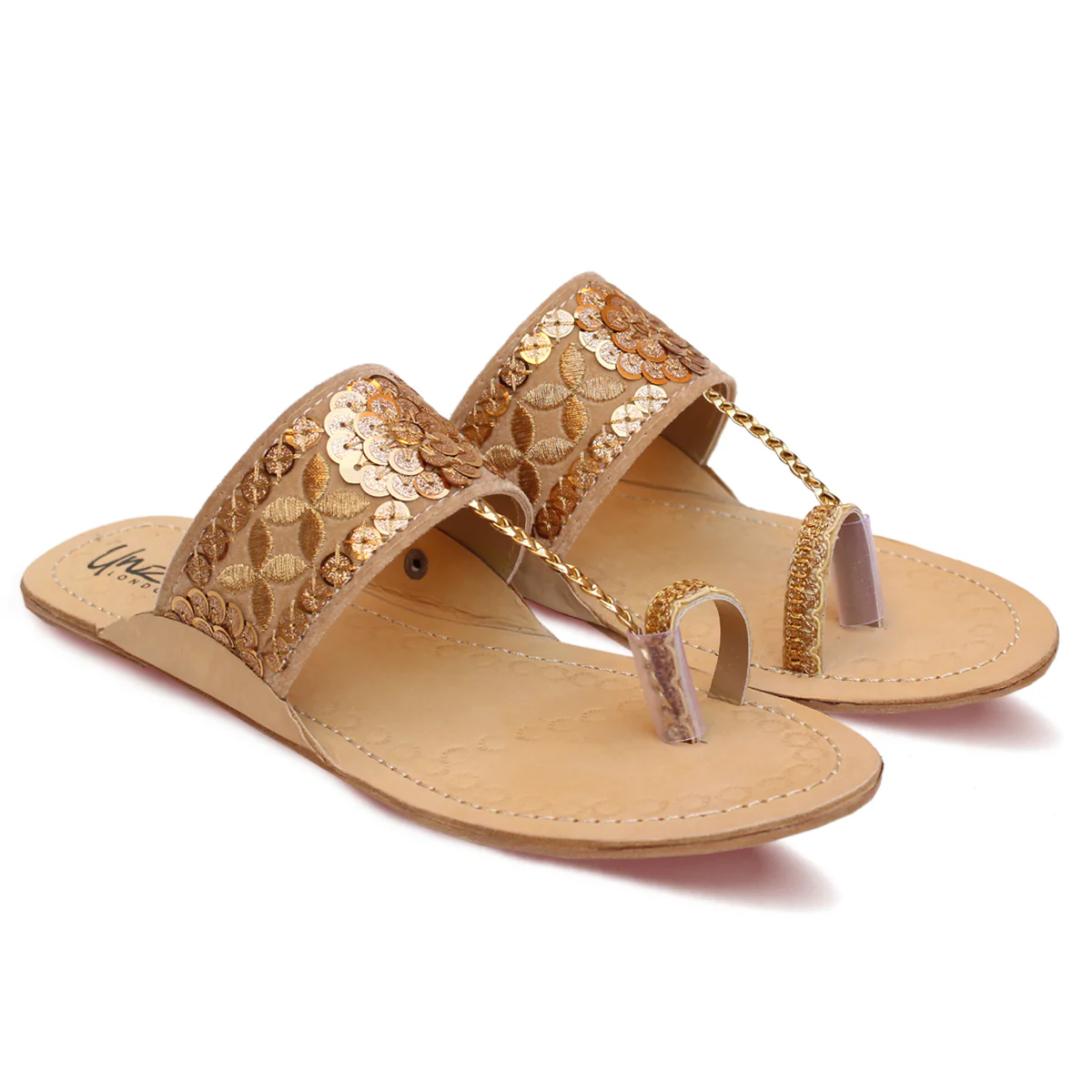 Womens "JIHAN" Decorated Leather Kolhapuri Slippers - Image 2